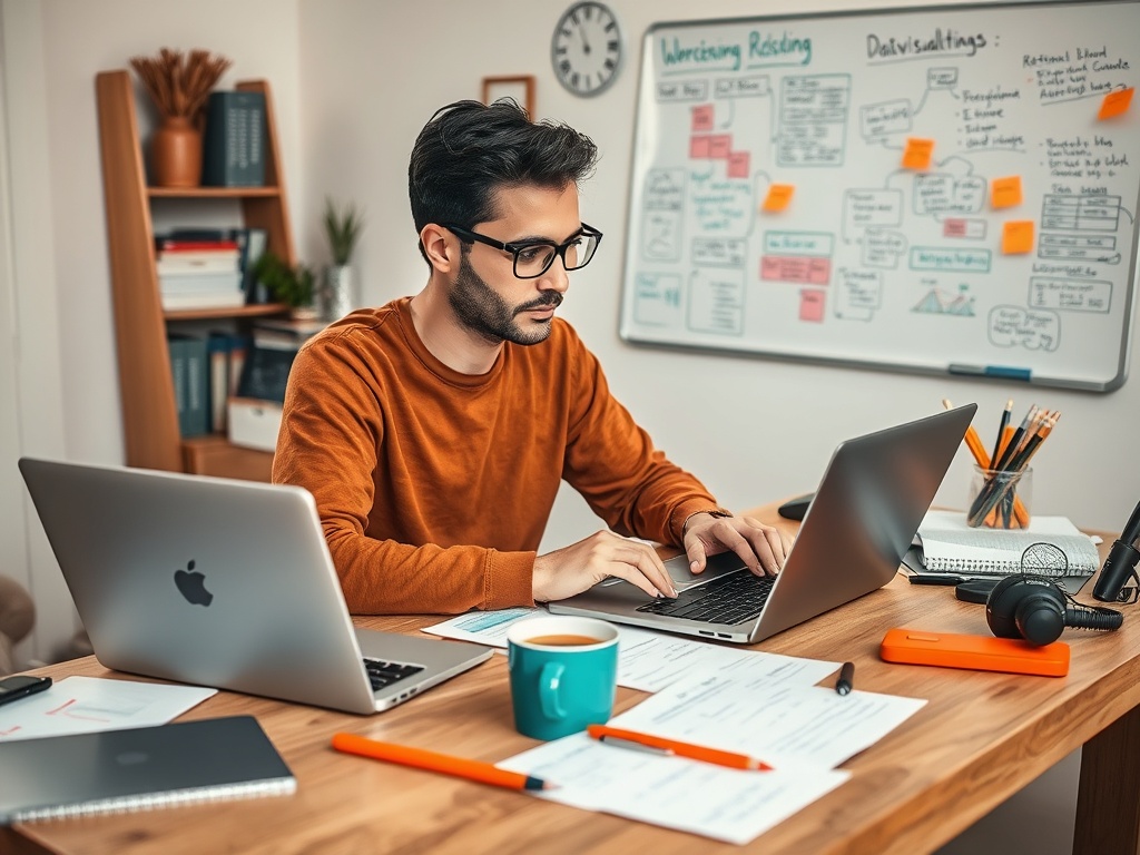 На столе за компьютером сидит мужчина в свитере, работает, окружённый бумагами и принадлежностями.