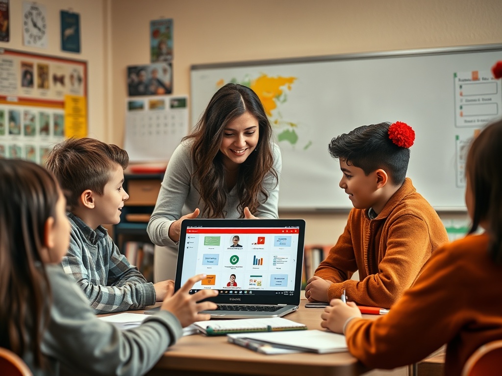 На занятии учительница объясняет материал группе заинтересованных учеников в классе.