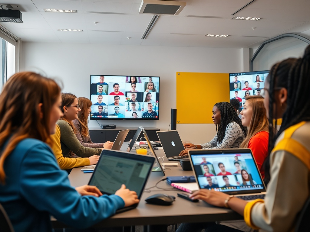 Группа людей в офисе участвует в видеоконференции, работают за ноутбуками, на экране — лица присутствующих.