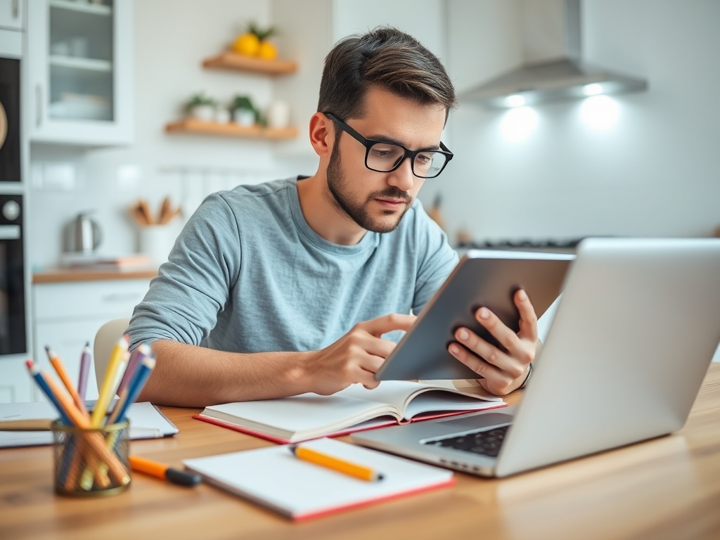 Молодой человек в очках работает с планшетом на кухонном столе, окружённым канцелярией и ноутбуком.