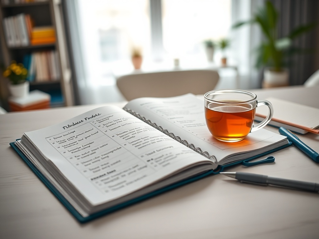 Чашка чая на столе рядом с открытым блокнотом и ручками, в фоне видно книжные полки и растения.