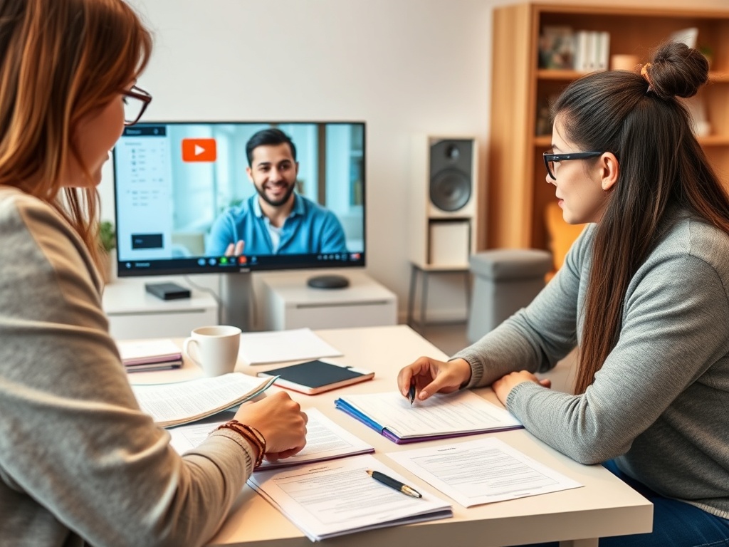 Две женщины обсуждают на видеозвонке с мужчиной, перед ними документы и чашка кофе.