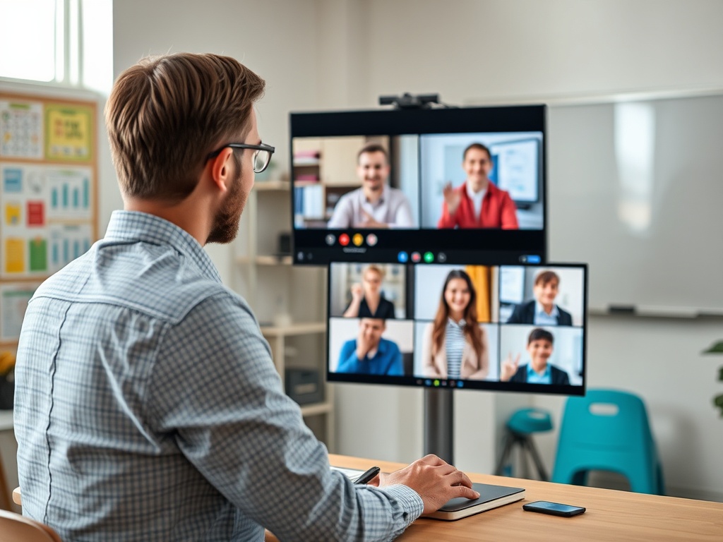 Мужчина участвует в онлайн-встрече, общаясь с несколькими людьми на экране компьютера.